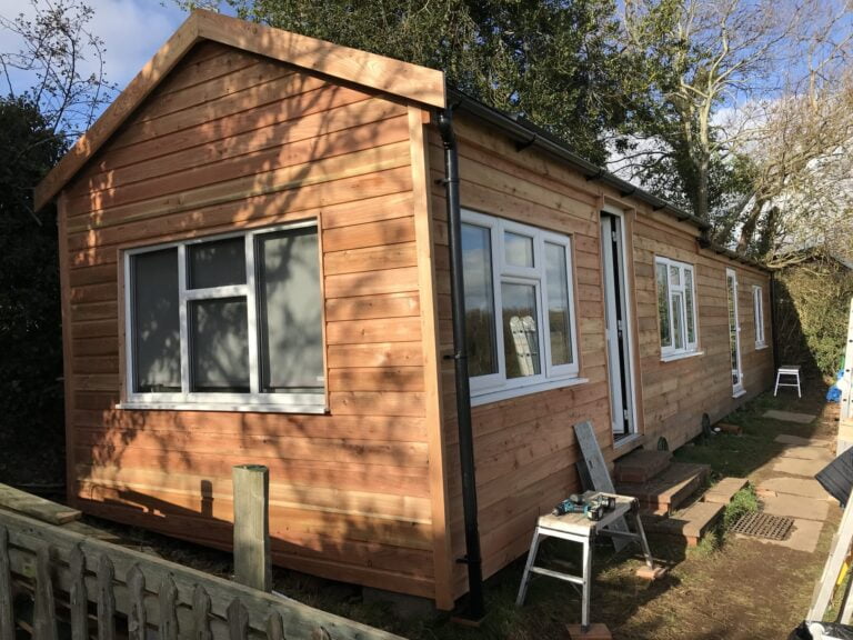 Finished cabin clad with larch shiplap